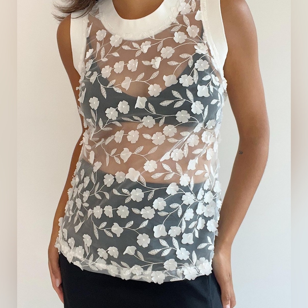 Hilary Radley For Katherine Barclay Tank Top White Floral Sheer Size XS  Good Co